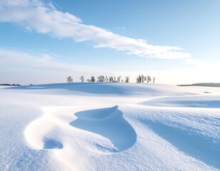 Winter landscape of snow-covered hills under a clear blue sky. A group of bare trees stand on a slight rise in the distance. Soft, sculpted snow patterns on the foreground