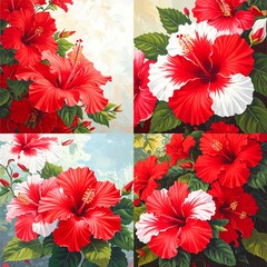Four vibrant hibiscus flower illustrations