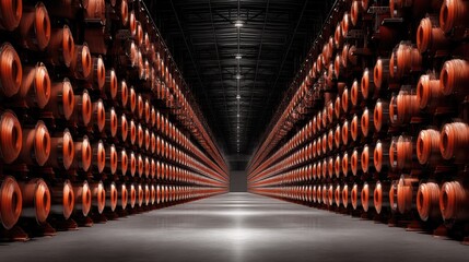 Warehouse with Rows of Circular Objects in a Dimly Lit Space