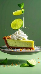Lime cheesecake slice, with whipped cream and limes, levitating