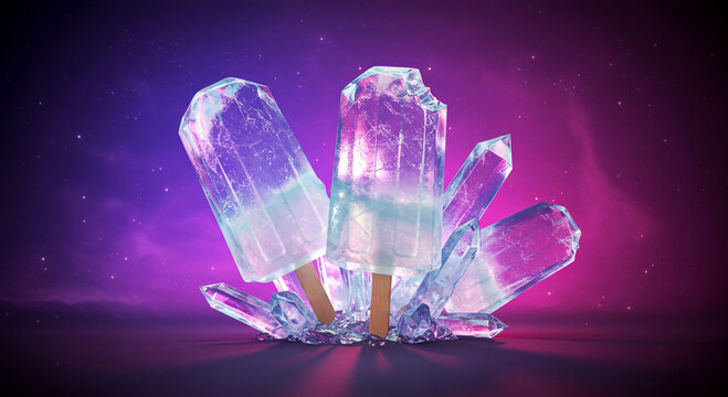 Magical iridescent crystal popsicles glowing on a vibrant cosmic purple background. - Powered by Adobe