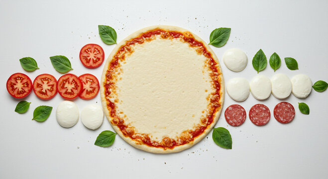 Flat lay of an uncooked pizza base with fresh ingredients like tomato, mozzarella, basil, and salami on a white background.