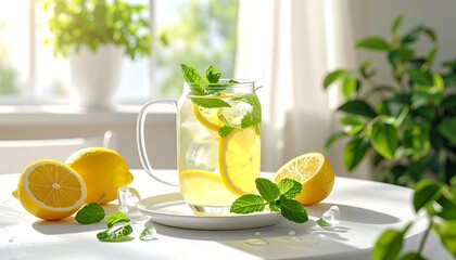 Refreshing lemonade in a glass pitcher, surrounded by lemons and mint, on a sunny day