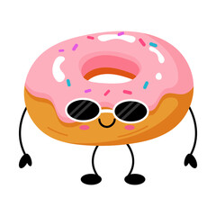 Kawaii pink donut character with sunglasses cartoon style