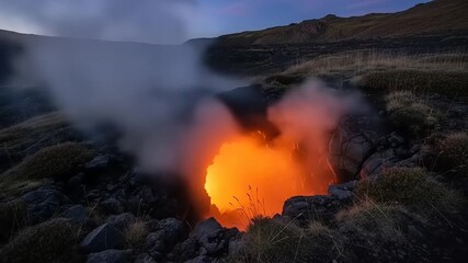 Molten Lava Glows Brightly in Volcanic Crater at Dusk. - Powered by Adobe