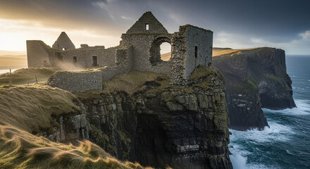 Dramatic view of the ruins of dunseverick castle perched on a cliff along the antrim coast in northern ireland, with the ocean waves crashing below at sunset