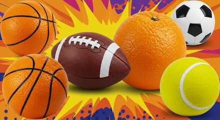 A vibrant collection of sports balls and an orange against a colorful, energetic background.