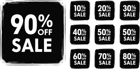 Sale discount icons, black square graphics, bold text design, percentage off labels, retail promotion, e-commerce, vector, clean, minimal, isolated