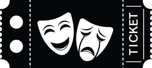 Black and white theater ticket illustration featuring comedy and tragedy masks, perforated edges, and bold typography in vector style © Hey There