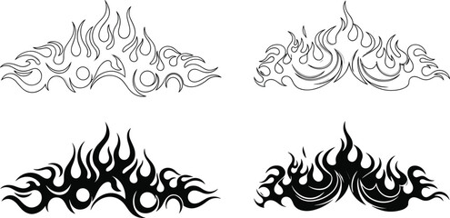 Tribal flame tattoo set, black outline and solid fill, symmetrical design, circular elements, swirling motifs, vector, bold, clean, isolated