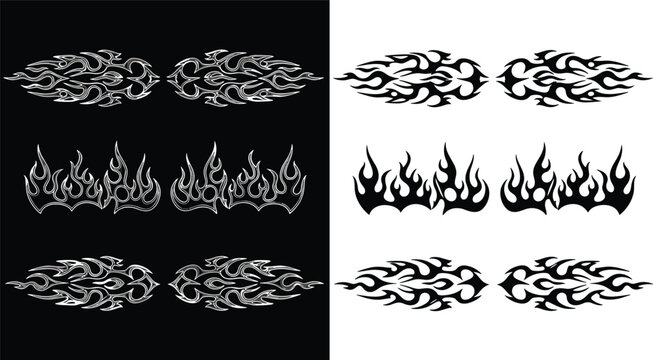 Tribal flame tattoo set, symmetrical mirrored designs, black and white background, swirling motifs, bold ink art, vector, clean, isolated, graphic