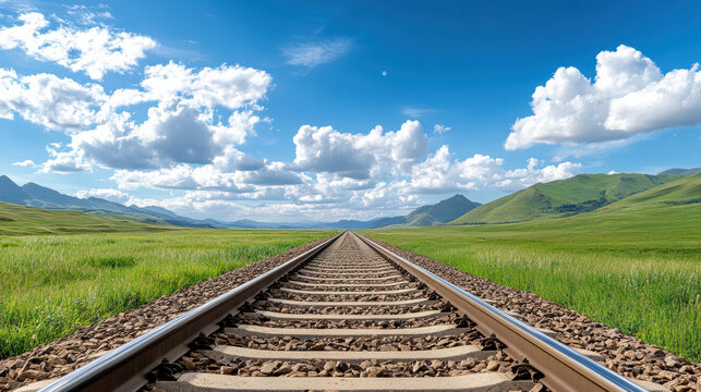 Endless railway tracks stretch through lush green fields bright blue sky with fluffy clouds - Powered by Adobe