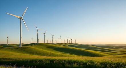 Wind Farm on Rolling Green Hills at Sunset, Producing Sustainable Energy