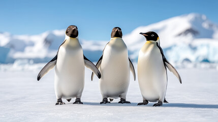 Obraz premium Three penguins standing together on icy landscape, showcasing their unique features and charm