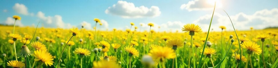 Fototapeta premium Vibrant Dandelion Field Under Summer Sky Fluffy Seed Heads Swaying Gently in the Breeze, Promising New Life and Airy Beauty