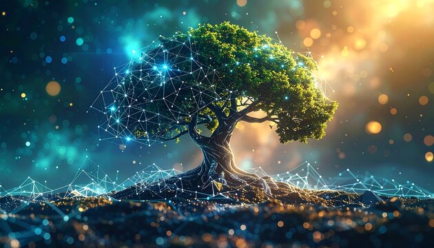 Digital tree, vibrant roots, glowing network