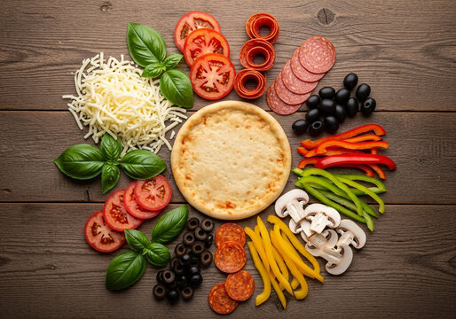 A circular arrangement of fresh pizza ingredients including a pre-made crust, cheese, tomatoes, basil, pepperoni, olives, and various chopped vegetables. - Powered by Adobe