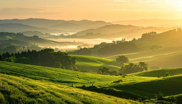 Sunlit Vineyards and Misty Hills at Sunrise in Tuscany Italy with Golden Light and Rolling Green Landscape Under a Bright Sky Beautiful Scenic View - Powered by Adobe