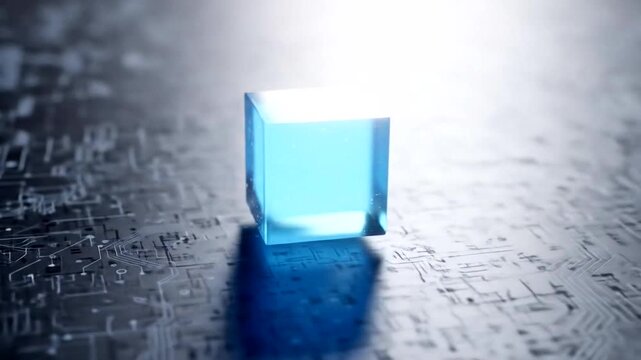 Futuristic blue cube on a circuit board background with glowing effects