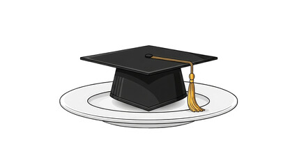 graduation cap with a gold tassel sits on a white dinner plate, symbolizing education, achievement, and the 'food for thought' concept.