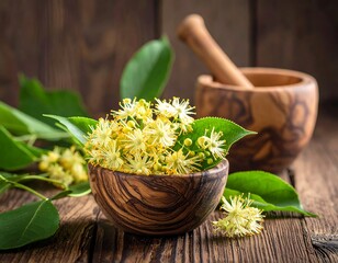 Fresh linden flowers in a wooden bowl on a rustic table. A wooden mortar and pestle are visible in the background