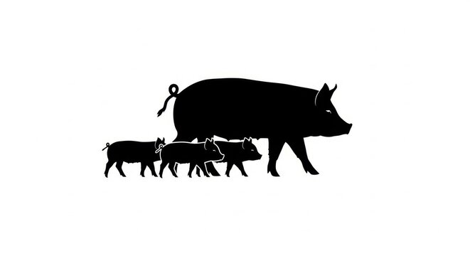 Silhouette of a sow and piglets walking in a line, showcasing farm animal imagery, perfect for