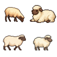 Pixel art style animal set featuring four sheep in varied poses cozy pastoral mood