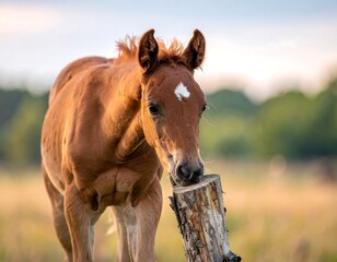 Obraz premium Young foal nibbling on a log in a field