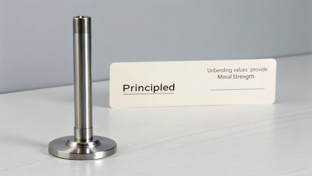Polished metal component standing vertically next to a principled card