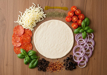 A circular arrangement of fresh pizza ingredients surrounding a raw pizza dough on a wooden surface.