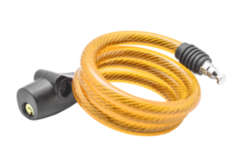 Yellow coiled bicycle lock with key isolated on transparent background
