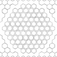 A black and white illustration of a honeycomb structure with hexagonal cells.