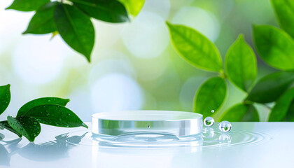 Product display on frosted glass with water ripple reflection, Soft droplets scatter near the blurred green leaves backdrop