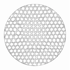A circular pattern composed of numerous interconnected hexagonal shapes, forming a honeycomb-like design.