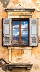 Old weathered window, open shutters, reflecting mountains and sky