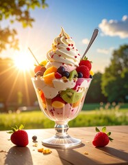 A vibrant sundae, layered with fruits and ice cream, under a summer sunset