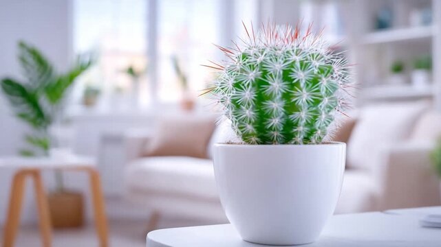 Cactus in Home Decor: A vibrant cactus, potted in a sleek container, graces a bright living space. Showcasing the serenity of indoor greenery, and minimalist design.