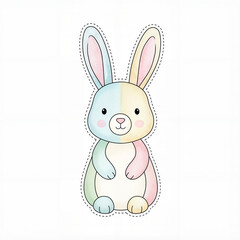 Fototapeta premium Pastel watercolor bunny sticker with dashed cut line — cute kawaii rabbit illustration for kids, nursery decor and baby shower, isolated on white, cartoon animal clipart, easter printable