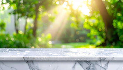 Polished marble slab slightly wet on a clean wellness background, Condensation droplets are visible against blurred morning forest light behind