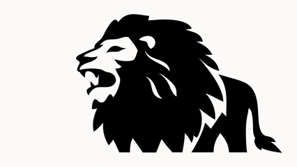A black and white graphic illustration of a roaring lion head with a full mane and tail to the right