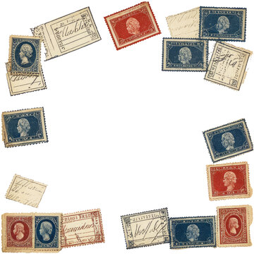 Stamps border Vintage, red, and blue, encircling black space