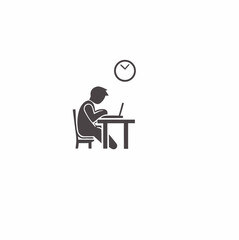 Man working on computer. Man behind computer desk icon. Simple style silhouette icon. Person, work, laptop, table, chair, seat, workplace concept. Vector illustration isolated on white background.

