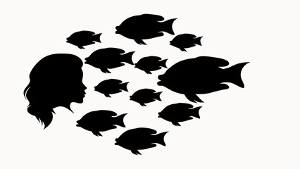 Silhouette of a woman's head surrounded by a school of black fish swimming in a circular formation design