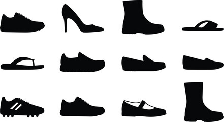Black footwear silhouette set featuring various shoe and boot styles including sneakers, sandals, cleats, and formal shoes in vector