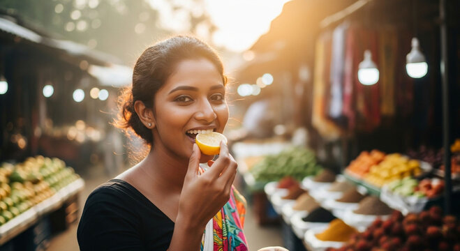 Young Indian woman enjoying a fresh lemon in a vibrant outdoor market at sunset.