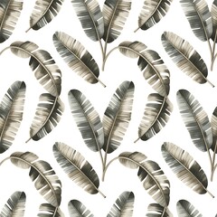 Seamless pattern of watercolor banana leaves in muted green and brown tones on a white background © rasstocker