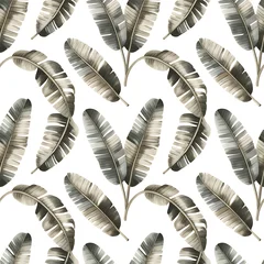 Seamless pattern of watercolor banana leaves in muted green and brown tones on a white background © rasstocker