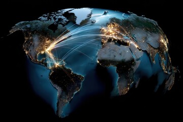 Fototapeta premium World map highlighting global connections with illuminated pathways between major cities and continents, showcasing interactions across different regions