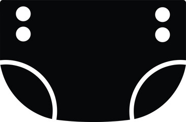 Black silhouette of reusable cloth diaper with adjustable buttons, contoured shape, leg openings, and waistband for baby care design