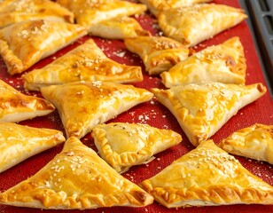 Golden-brown triangle pastries, arranged on a red baking sheet